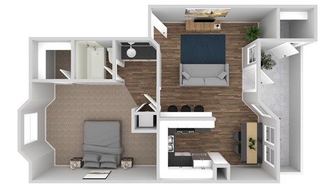 A 3D floor plan of a small apartment with a living room, kitchen, and bedroom.